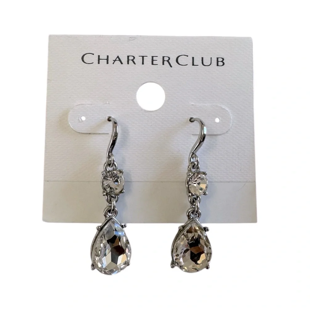 Charter Club Rhodium Clear Crystal Silver Tone Drop Earring Stretch Bracelet Set